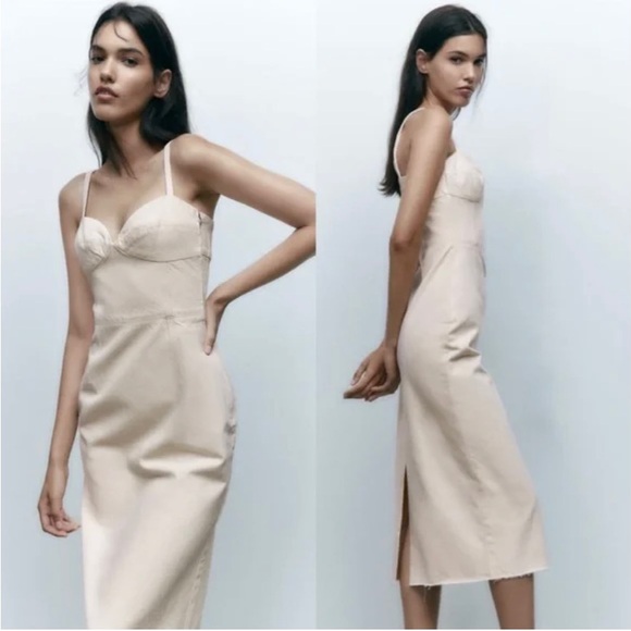 NWT Beige/Cream Zara Denim Midi Dress - Picture 7 of 11